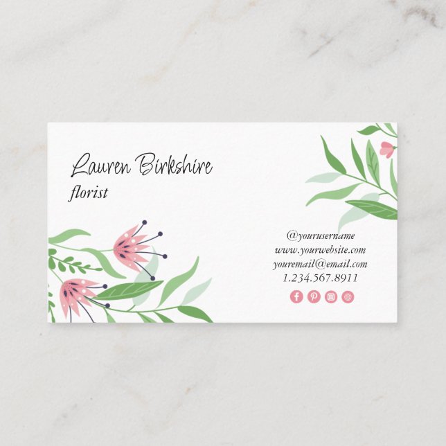Pink Floral Business Card Visitkort (Baksida)