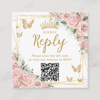 Pink Floral Butterflies Quinceanera RSVP QR Code Tilläggskort