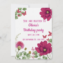 Pink Floral Butterfly  Birthday Invitation Inbjudningar