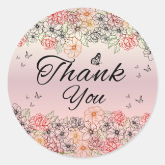 Pink Floral Butterfly Round Thank You Sticker Runt Klistermärke