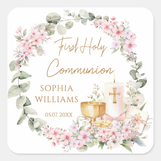 Pink Floral Chalice First Holy Communion Sticker Fyrkantigt Klistermärke (Framsida)