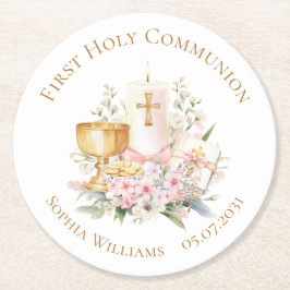 Pink Floral Chalice First Holy Communion  Underlägg Papper Rund