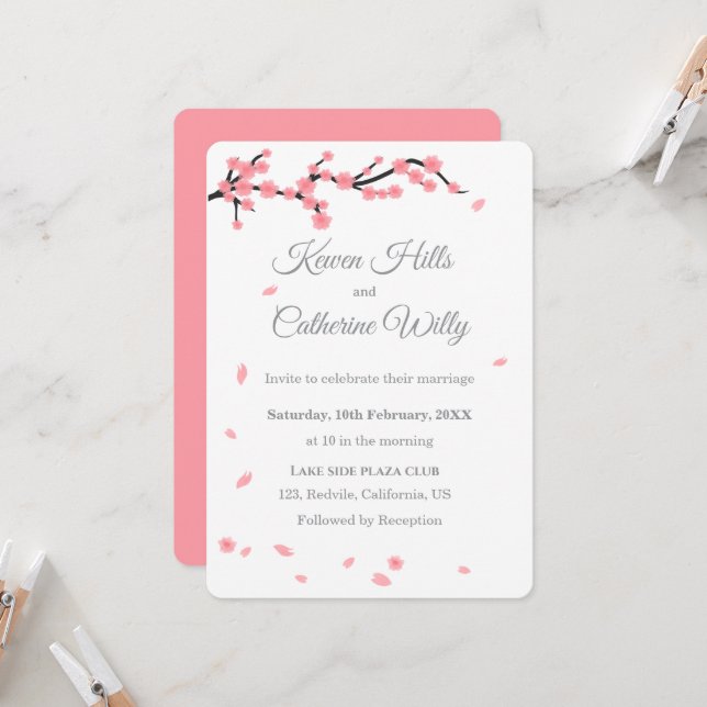 Pink Floral Cherry Blossom Wedding Invitation Inbjudningar (Fram/Back In Situ)
