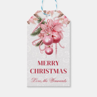 Pink Floral Christmas Design with Ornaments Presentetikett