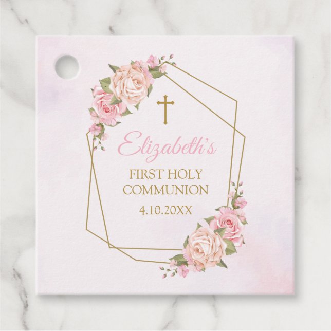 Pink Floral Communion Gåvor Etiketter (Framsida)