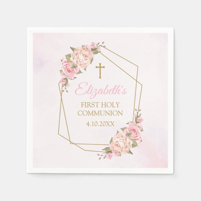 Pink Floral Communion Pappersservett (Framsidan)