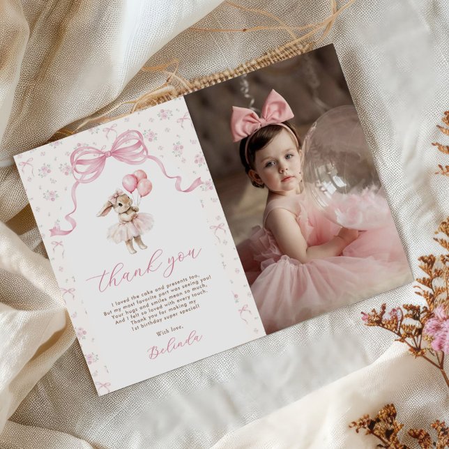 Pink Floral Coquette Bow Bunny 1st Birthday Photo Tack Kort (Skapare uppladdad)