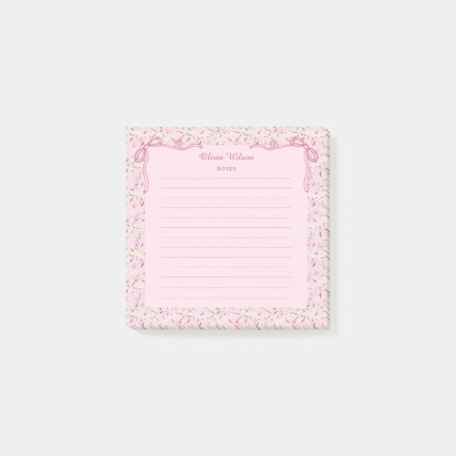 Pink Floral Coquette Bow Custom Name Post-it Block (Framsida)