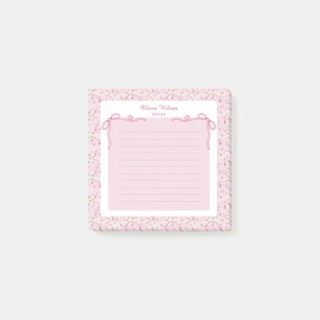 Pink Floral Coquette Bow Custom Name Post-it Block (Framsida)