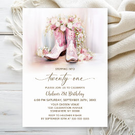 Pink Floral Cowgirl Boots 21st Birthday Party Inbjudningar