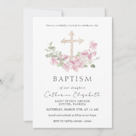 Pink Floral Cross Eucalyptus Leaves Baptism Inbjudningar