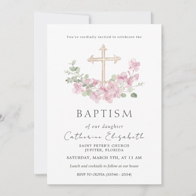 Pink Floral Cross Eucalyptus Leaves Baptism Inbjudningar (Framsida)