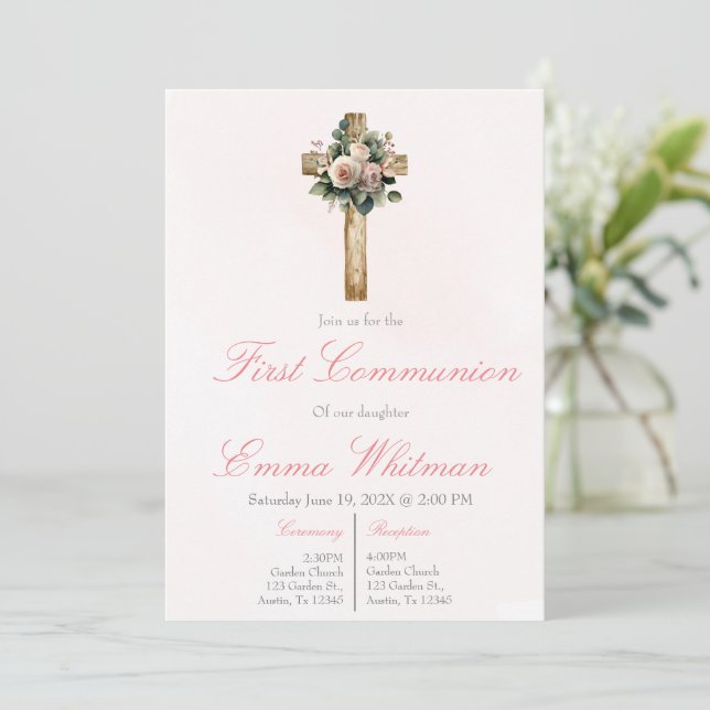 Pink floral cross first communion  inbjudningar (Stående Fram)