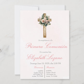 Pink floral cross first communion Spanish  Inbjudningar