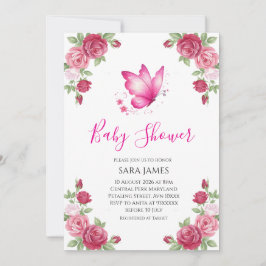 Pink Floral Cute Butterfly Baby Shower Invitation Inbjudningar