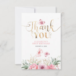 Pink Floral Cute Gold Birthday Thank You Tack Kort