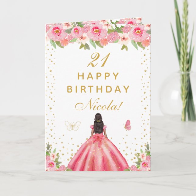 Pink Floral Dark Skin Girl Birthday Kort (Framsida)