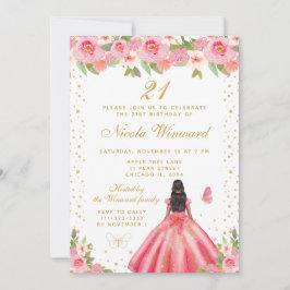 Pink Floral Dark Skin Princess Birthday Party Inbjudningar