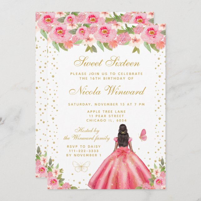 Pink Floral Dark Skin Princess Sweet Sixteen Inbjudningar (Fram/baksida)