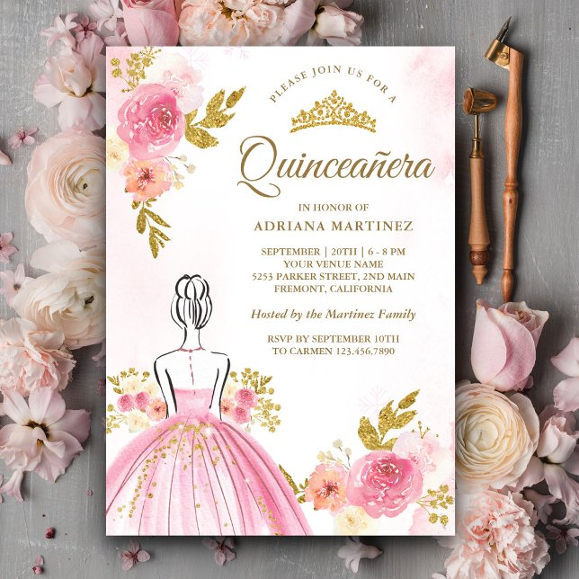 Pink Floral Dress Princess Gold Quinceanera Inbjudningar (Skapare uppladdad)