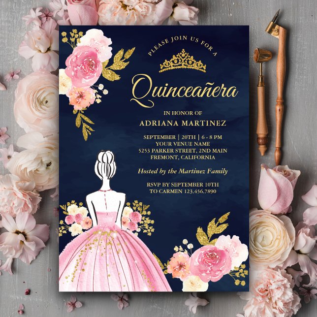 Pink Floral Dress Princess Navy Blue Quinceanera Inbjudningar (Skapare uppladdad)