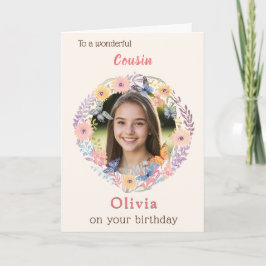 Pink Floral Elegant Female Cousin Photo Birthday Kort