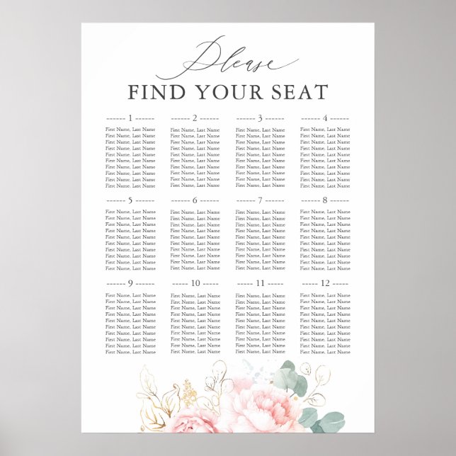 Pink Floral Elegant Wedding Seating Chart Poster (Framsidan)