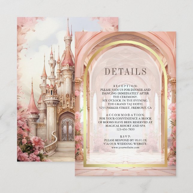 Pink Floral Fairytale Castle Wedding Details Tilläggskort (Fram/baksida)