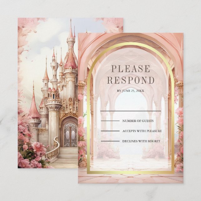 Pink Floral Fairytale Castle Wedding OSA Kort (Fram/baksida)