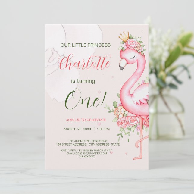 Pink Floral Flamingo Girl Birthday Invitation Inbjudningar (Stående Fram)