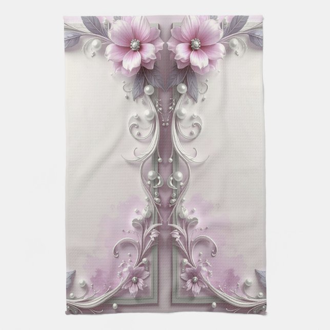 Pink Floral Frame Kitchen Towel Kökshandduk (Vertikal)