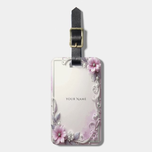 Pink Floral Frame Luggage Tag Bagagebricka (Vertikal Framsida)