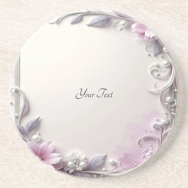 Pink Floral Frame Sandstone Coaster Underlägg (Framsidan)