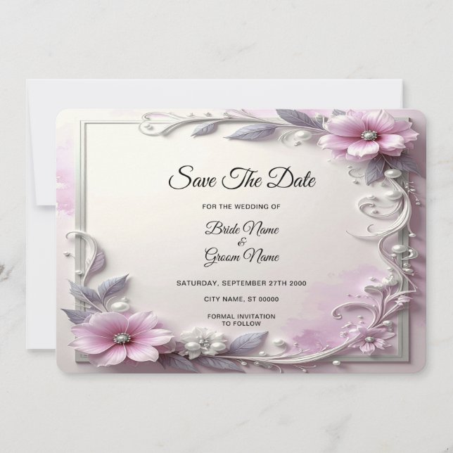 Pink Floral Frame Save The Date Spara Datumet (Framsida)