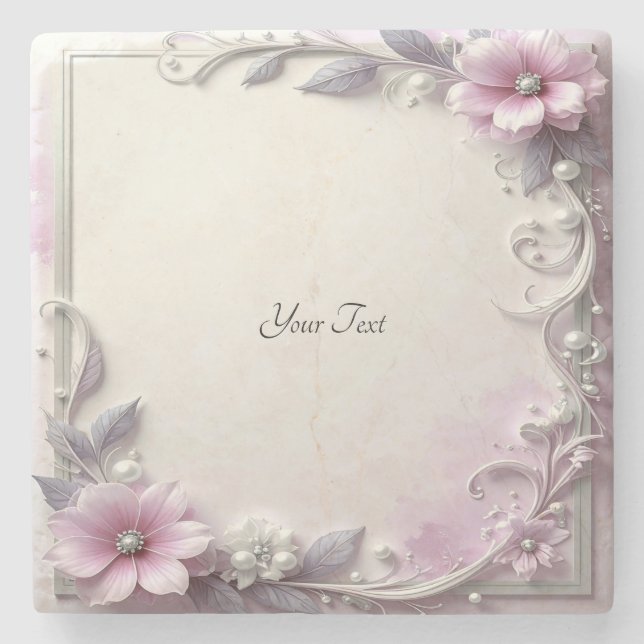 Pink Floral Frame Stone Coaster Stenunderlägg (Framsidan)