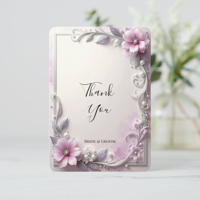 Pink Floral Frame Thank You Card Tack Kort (Stående Fram)