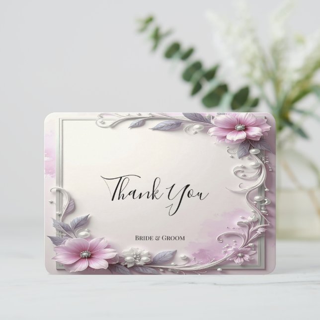 Pink Floral Frame Thank You Card Tack Kort (Stående Fram)