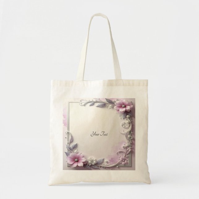 Pink Floral Frame Tote Bag Tygkasse (Framsidan)