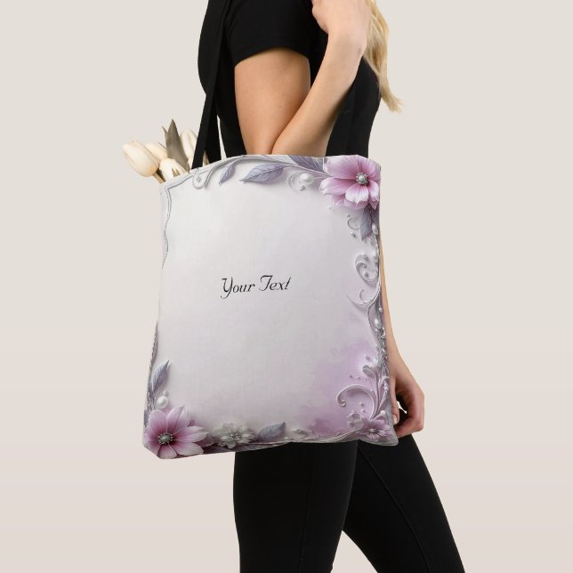 Pink Floral Frame Tote Bag Tygkasse (Närbild)