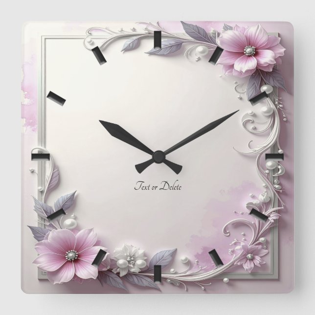 Pink Floral Frame Wall Clock Fyrkantig Klocka (Framsida)