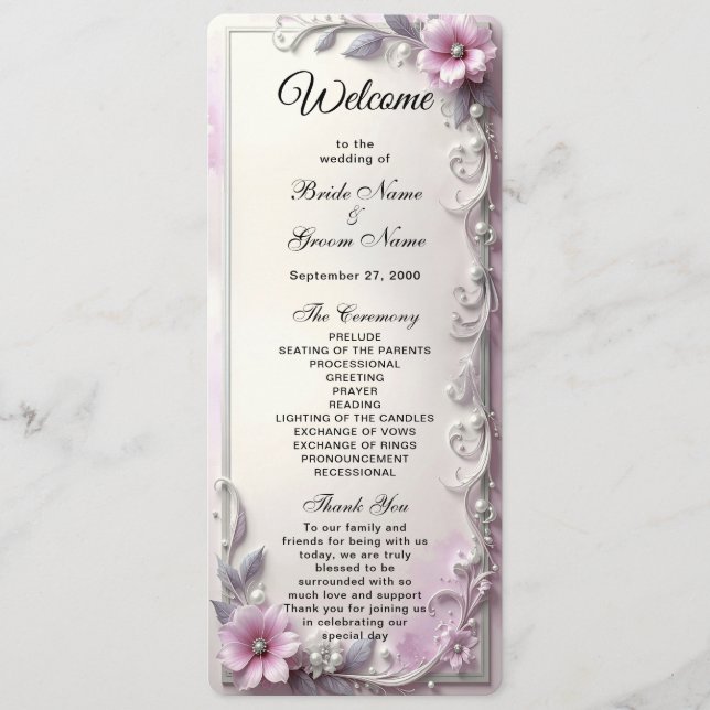 Pink Floral Frame Wedding  Program (Framsida)