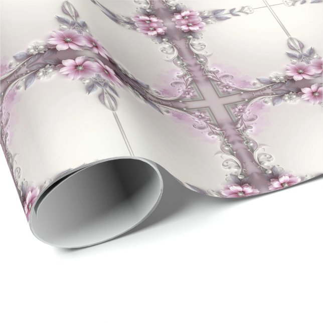 Pink Floral Frame Wrapping Paper Presentpapper (Rullad Hörn)