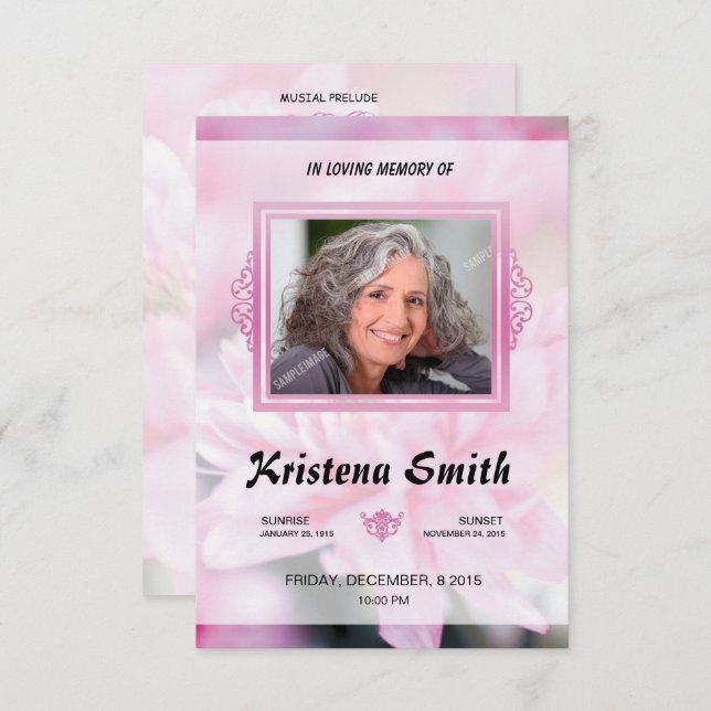 Pink Floral Funeral Program Card Template (Fram/baksida)