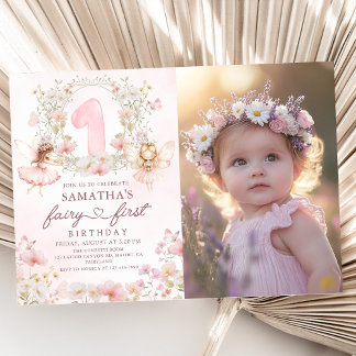 Pink Floral Garden Fairy First Birthday Photo Inbjudningar