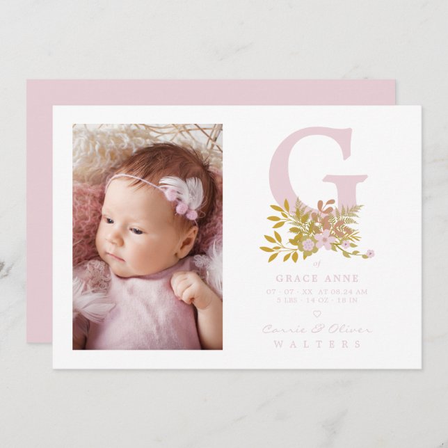 Pink Floral Garland Initial Baby Newborn Name (Fram/baksida)
