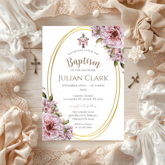 Pink Floral Girl Baptism Invitation Inbjudningar (Skapare uppladdad)