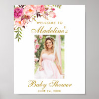 Pink Floral Gold Baby Shower Welcome Photo