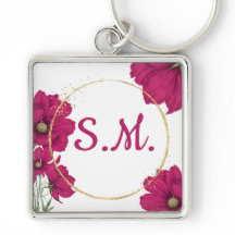 Pink Floral Gold Circle Keychain