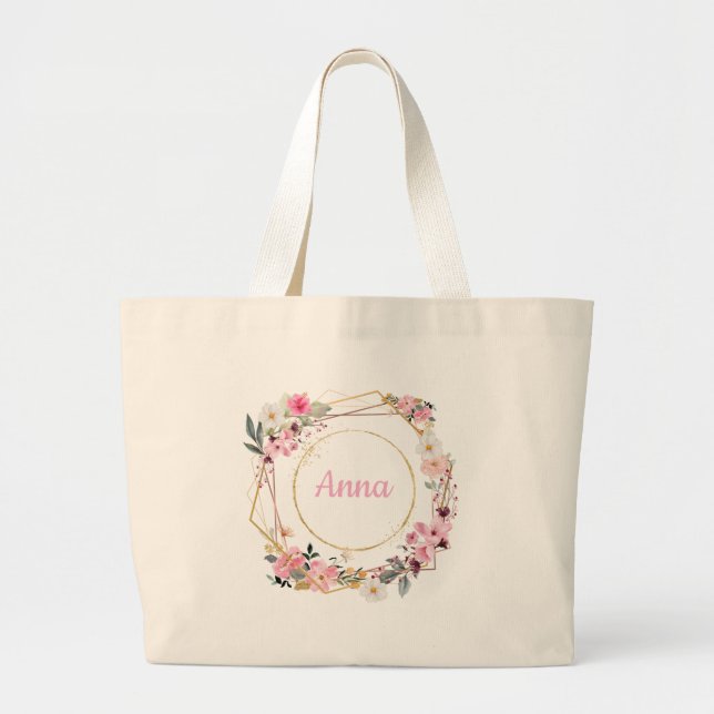 Pink Floral Gold Geometric Tote Bag Jumbo Tygkasse (Framsidan)