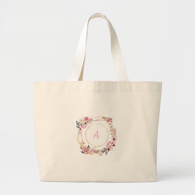 Pink Floral Gold Geometric Tote Bag Jumbo Tygkasse (Framsidan)